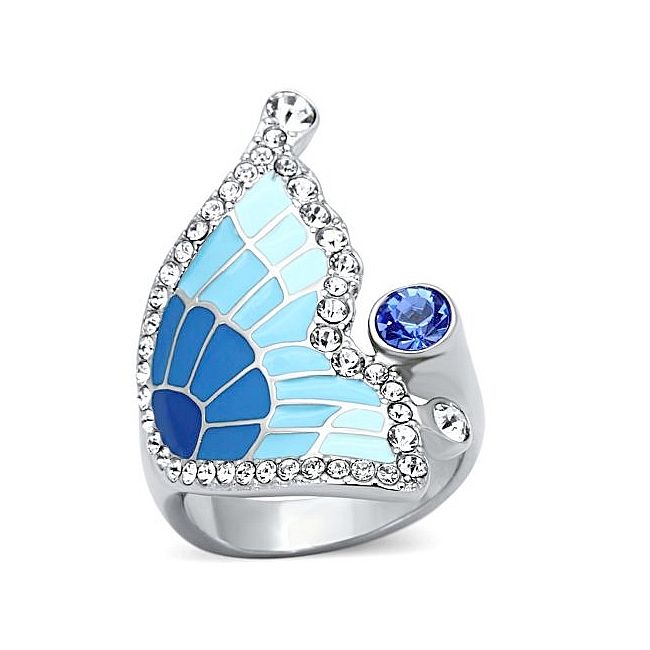 Silver Tone Butterfly Fashion Ring Sapphire Crystal
