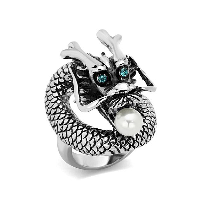 Silver Tone Dragon Animal Fashion Ring White Synthetic Pearl