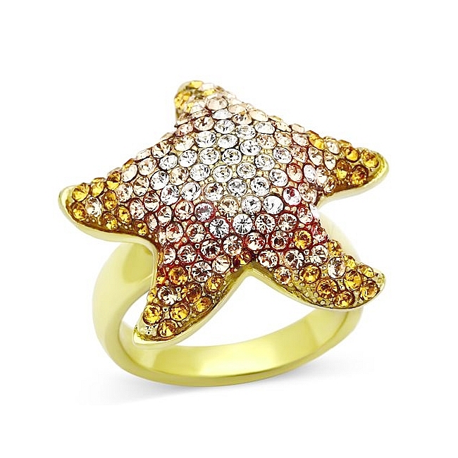 14K Gold Plated Sea Star Fashion Ring Multi Color Top Grade Crystal