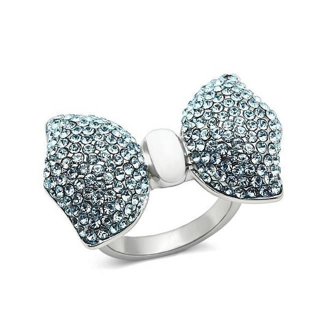 Silver Tone Bow Tie Fashion Ring Aqua Crystal