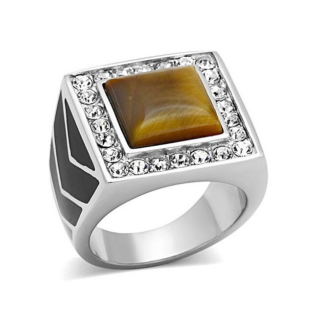 Classy Silver Tone Square Mens Ring Topaz Synthetic Tiger Eye