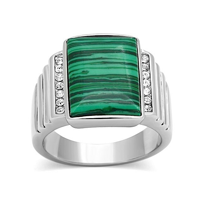 Silver Tone Square Mens Ring Emerald Synthetic Malachite