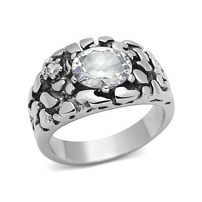Silver Tone Mens Ring Clear Cubic Zirconia