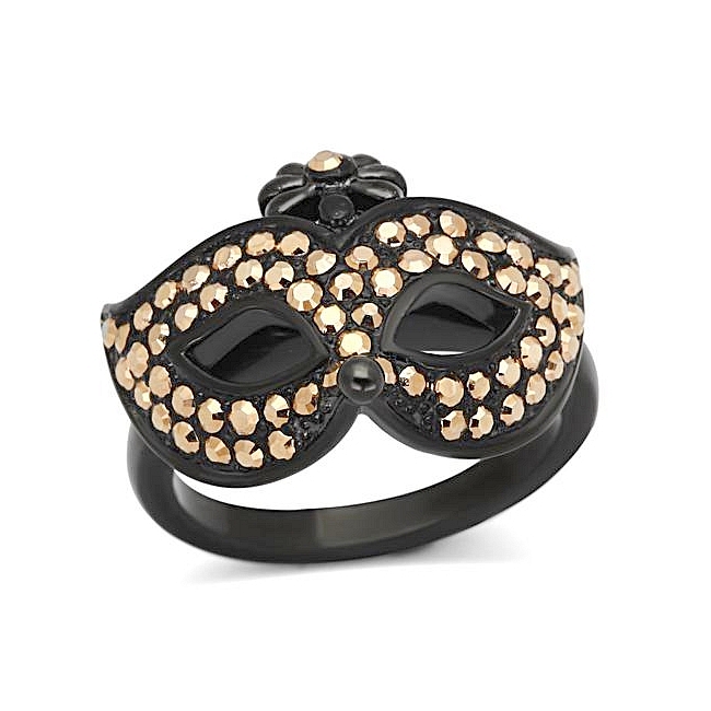 Ion Black Plated Mascarade Mask Fashion Ring Light Gold Crystal