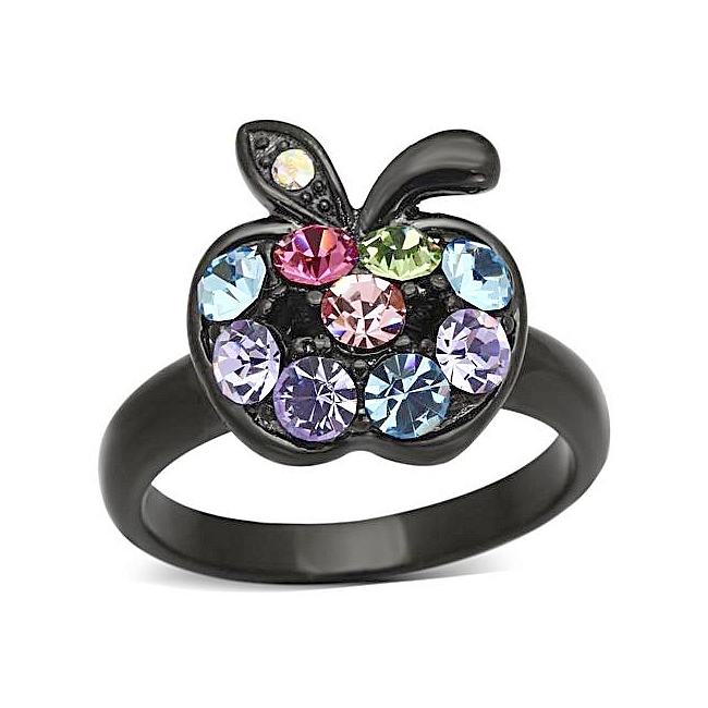 Ion Black Plated Apple Fruit Fashion Ring Multi Color Crystal