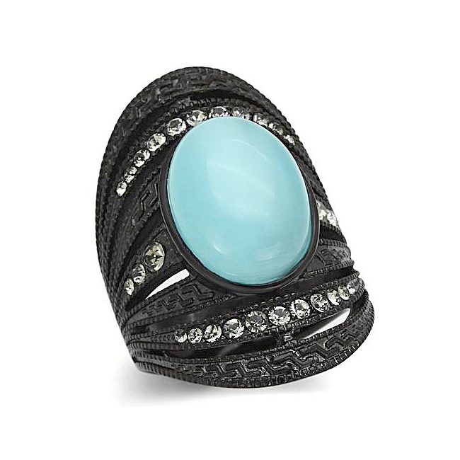 Ion Black Plated Fashion Ring Aqua Synthetic Cat Eye