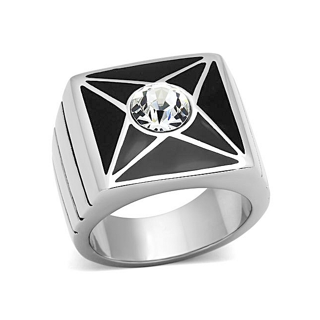 Silver Tone Square Mens Ring Clear Crystal
