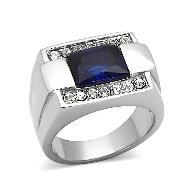 Silver Tone Square Mens Ring Montana Synthetic Glass