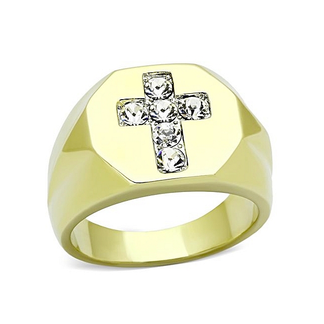 14K Two Tone ( Gold & Silver) Cross Mens Ring Clear Crystal