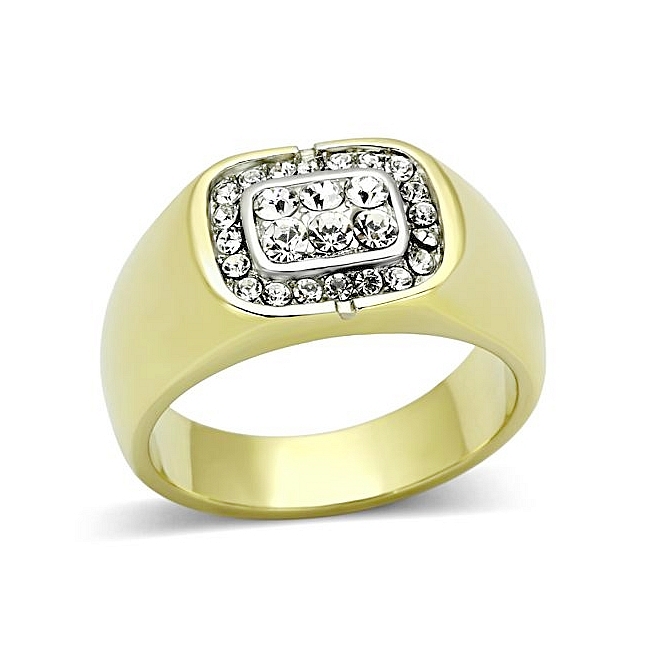 14K Two Tone ( Gold & Silver) Square Mens Ring Clear Crystal