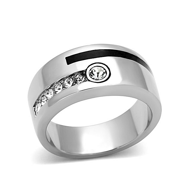 Silver Tone Band Mens Ring Clear Crystal