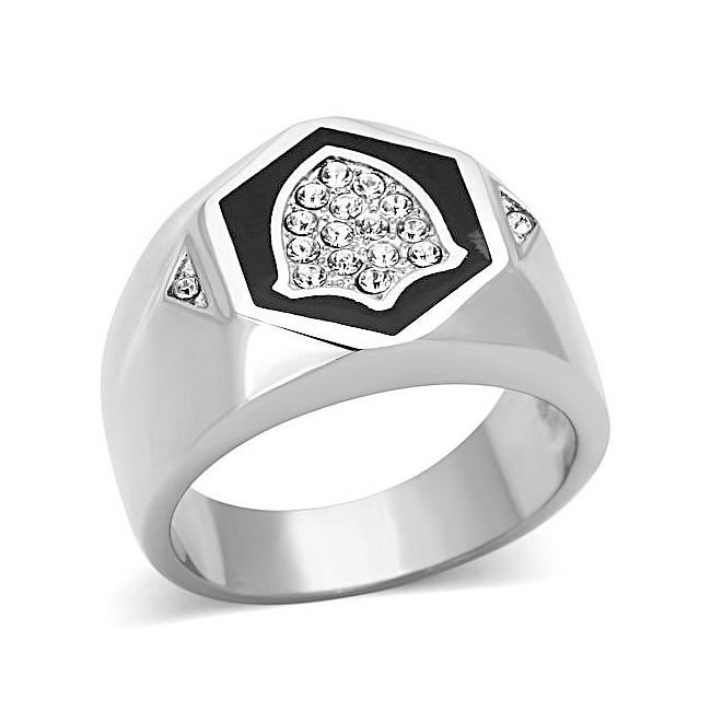 Silver Tone Mens Ring Clear Crystal