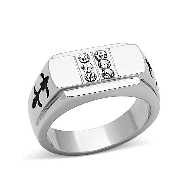 Silver Tone Cross Mens Ring Clear Crystal