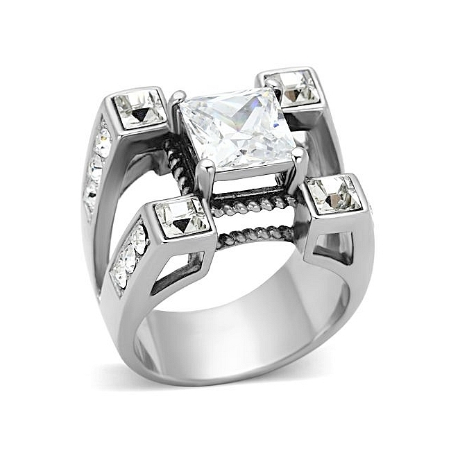 Lovely Silver Tone Mens Ring Clear CZ