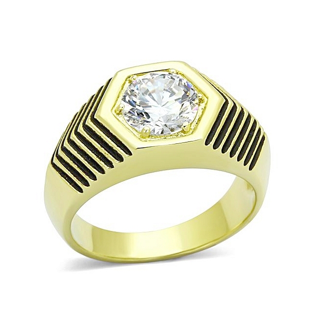 14K Gold Plated Mens Ring Clear CZ
