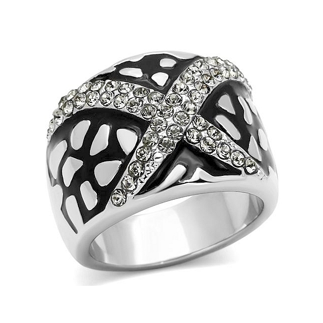 Silver Tone Fashion Ring Black Crystal