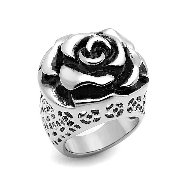 Silver Tone Flower Fashion Ring Black Epoxy