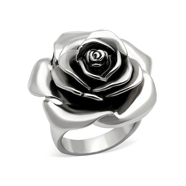Classic Silver Tone Flower Fashion Ring Black Epoxy