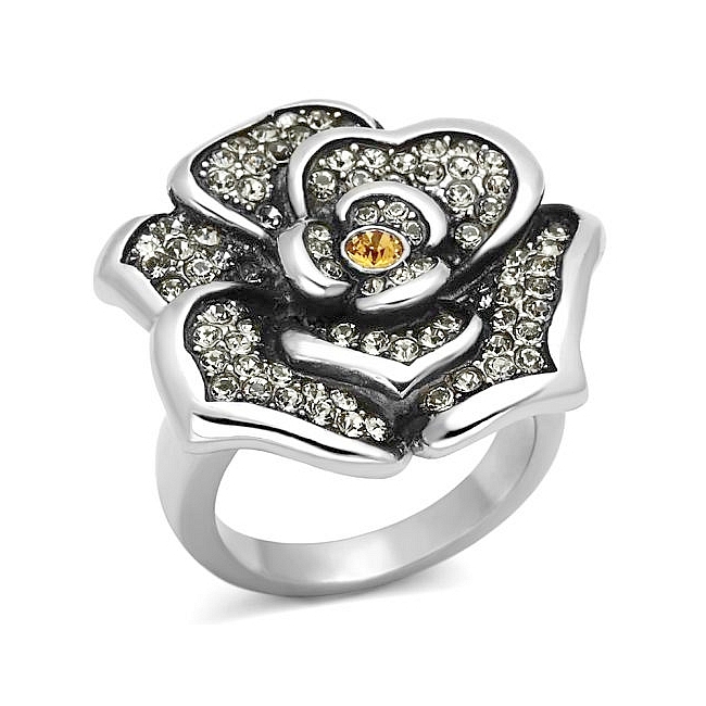 Silver Tone Flower Fashion Ring Topaz Crystal