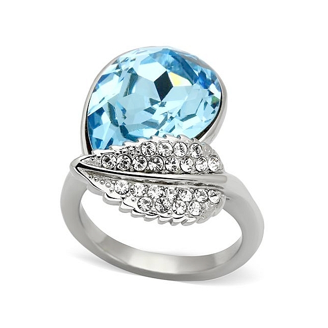 Petite Silver Tone Fashion Ring Aqua Crystal