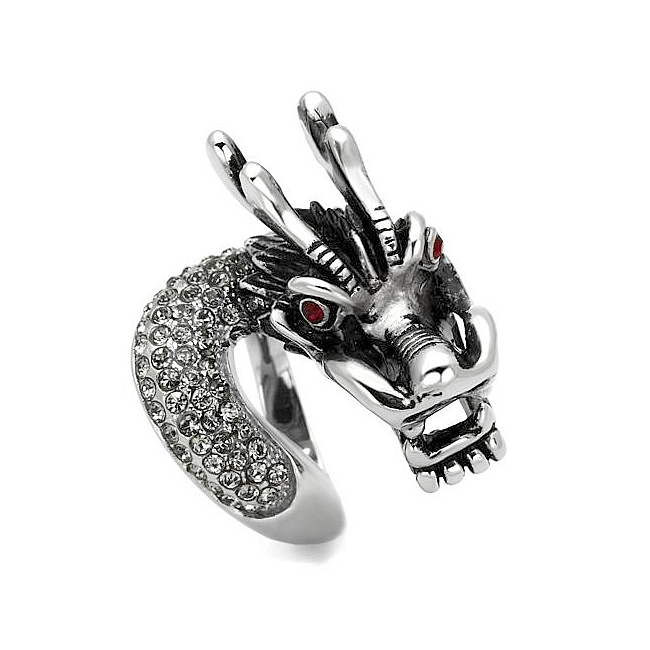 Elegant Silver Tone Dragon Animal Fashion Ring Siam Crystal
