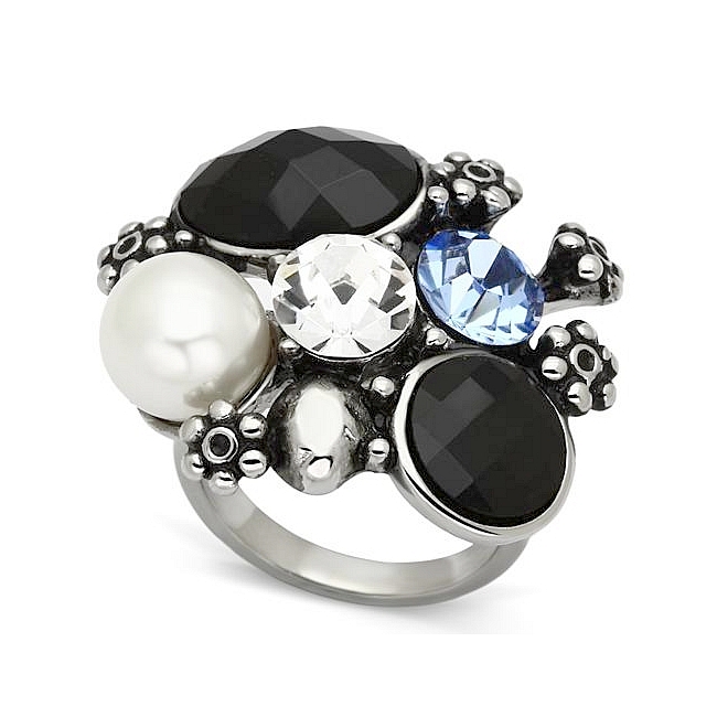 Stylish Silver Tone Fashion Ring Black Synthetic Glass