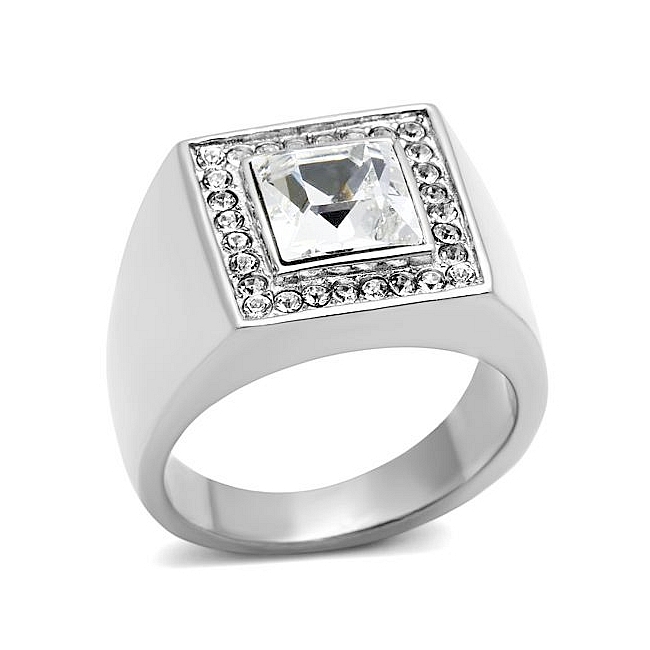 Stunning Silver Tone Square Mens Ring Clear Crystal