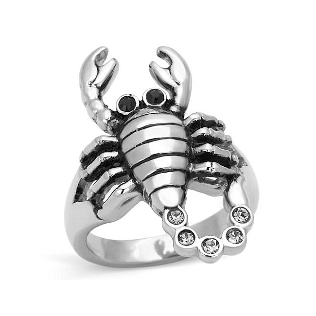 Silver Tone Scorpion Animal Fashion Ring Black Crystal