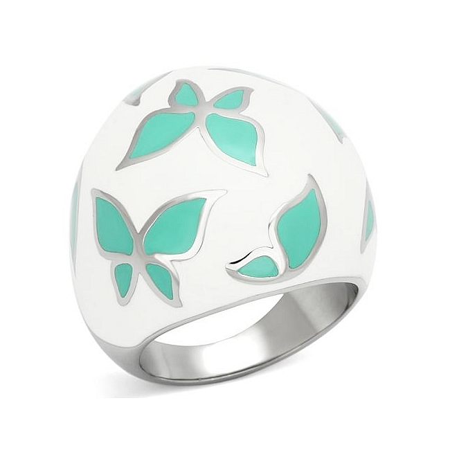 Silver Tone Butterfly Fashion Ring Emerald Epoxy