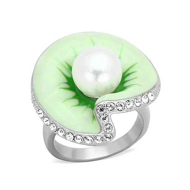 Silver Tone Flower Fashion Ring White Synthetic Pearl