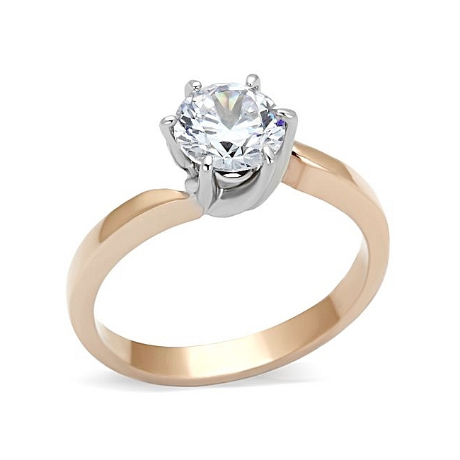 14K Two Tone ( Rose & Silver) Solitaire Engagement Ring Clear CZ