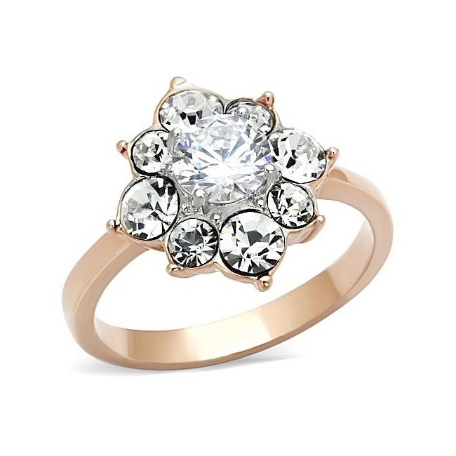 14K Two Tone ( Rose & Silver) Flower Fashion Ring Clear CZ