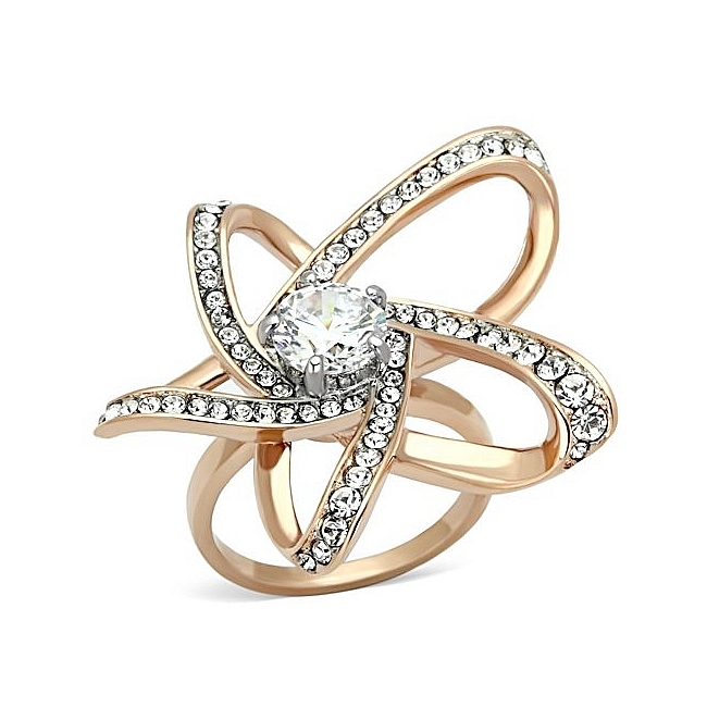 14K Two Tone ( Rose & Silver) Flower Fashion Ring Clear Cubic Zirconia