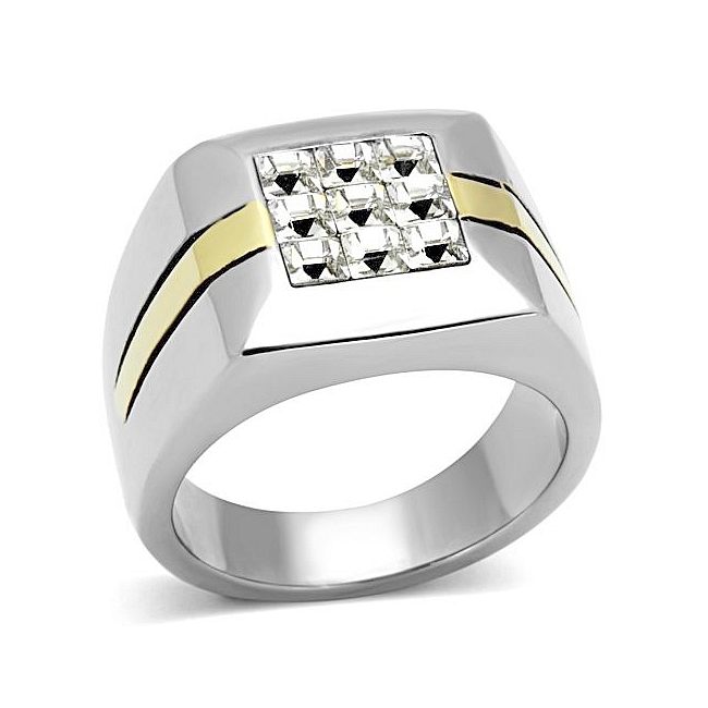 Classic 14K Two Tone ( Gold & Silver) Square Mens Ring Clear Top Grade Crystal