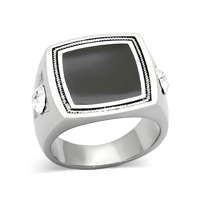 Silver Tone Square Mens Ring Clear Top Grade Crystal