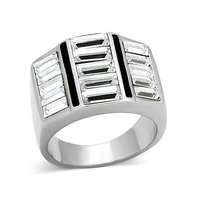 Silver Tone Mens Ring Clear Top Grade Crystal