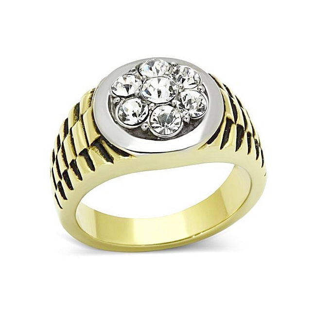 14K Two Tone ( Gold & Silver) Mens Ring Clear Top Grade Crystal