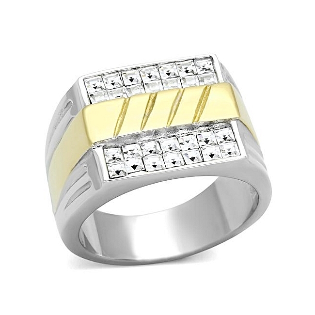 14K Two Tone ( Gold & Silver) Square Mens Ring Clear Top Grade Crystal