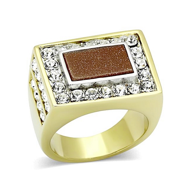 Stylish 14K Two Tone ( Gold & Silver) Square Mens Ring Topaz Synthetic Resin