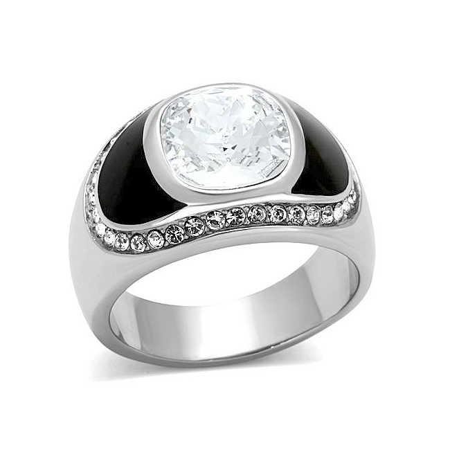 Stunning Silver Tone Mens Ring Clear Top Grade Crystal