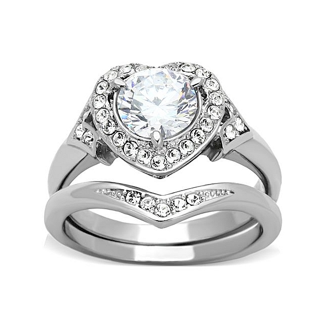 Silver Tone Pave Engagement Wedding Ring Set Clear CZ