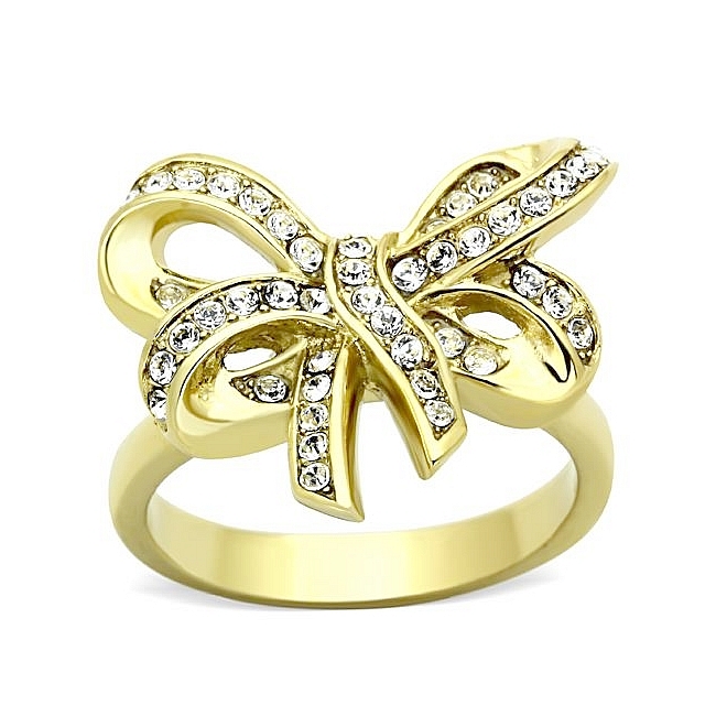 Exquisite 14K Gold Plated Bow Tie Fashion Ring Clear Crystal