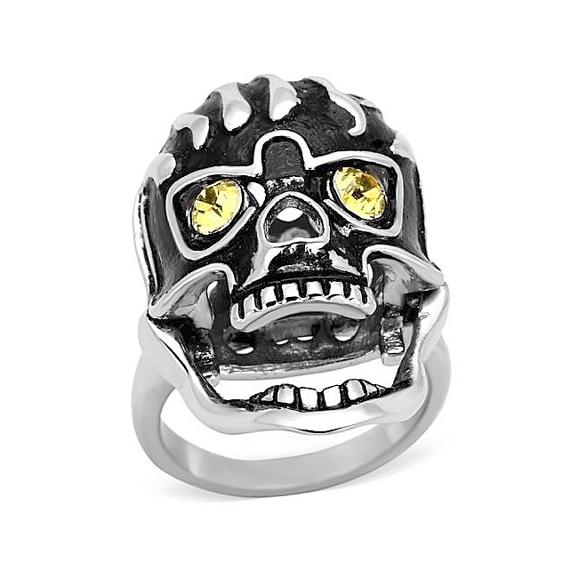Silver Tone Skull Fashion Ring Topaz Crystal