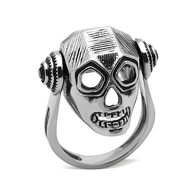Silver Tone Skull Fashion Ring Black Crystal