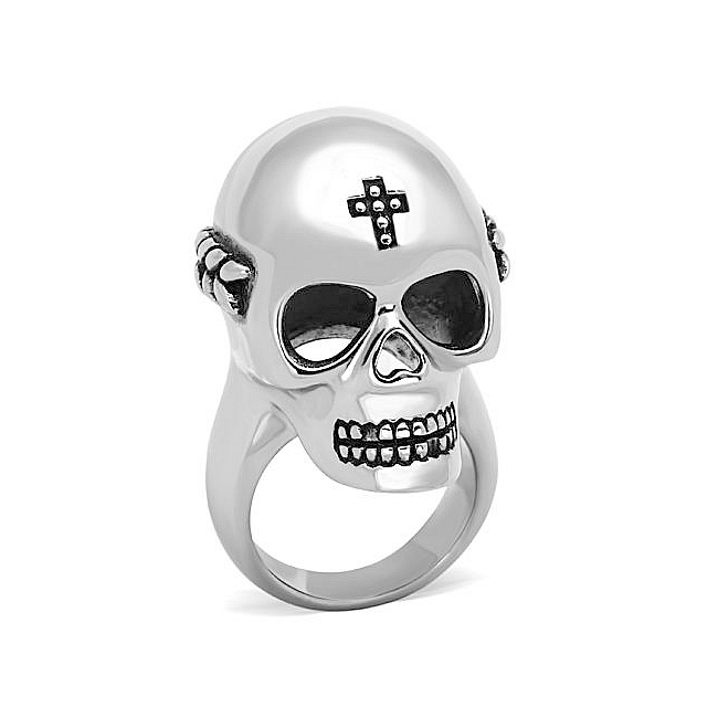 Silver Tone Skull Fashion Ring Black Epoxy