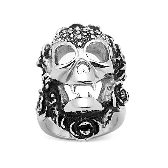 Classy Silver Tone Skull Fashion Ring Black Crystal