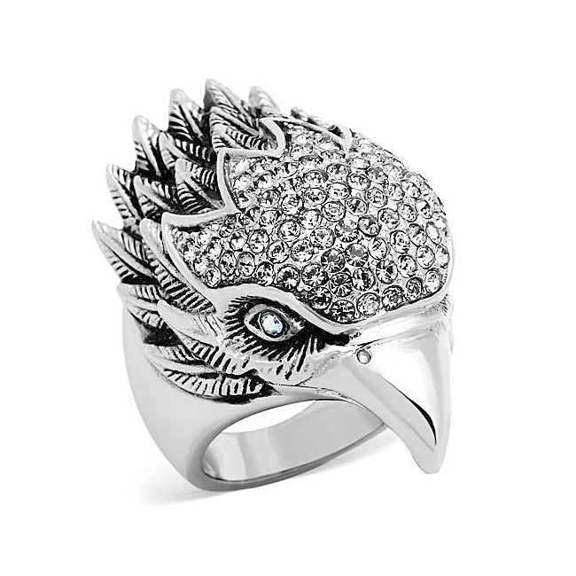 Silver Tone Eagle Animal Fashion Ring Clear Crystal