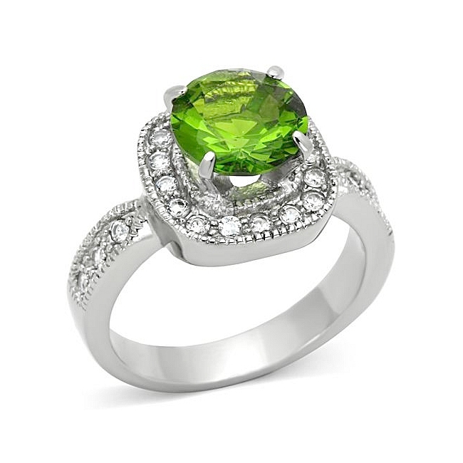 Petite Silver Tone Halo Engagement Ring Peridot Synthetic Glass