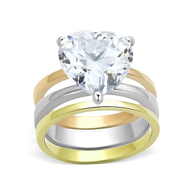 Ion Tri Tone (Gold & Rose Gold & Silver) Solitaire Engagement Wedding Ring Set Clear Cubic Zirconia