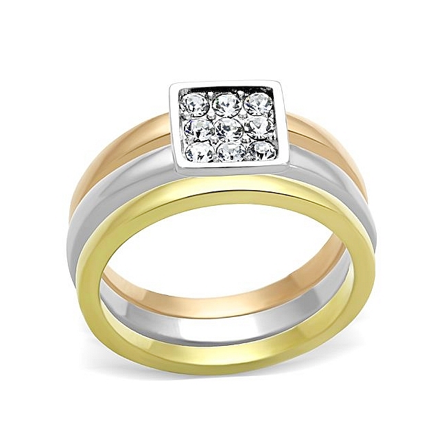 Ion Tri Tone (Gold & Rose Gold & Silver) Pave Engagement Wedding Ring Set Clear Crystal